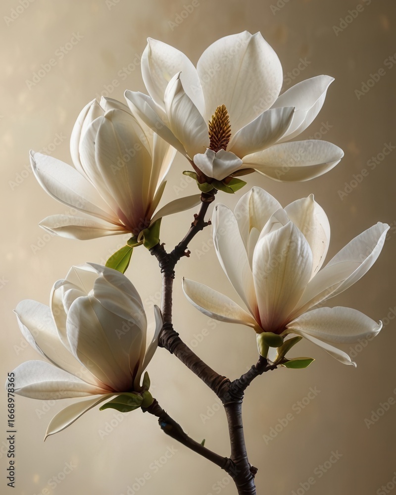 Obraz premium Elegant Magnolia Blossom Branch with Large White Flowers on Subtle Refined Backdrop