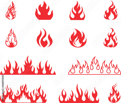 Fire flame icon and border collection, burning flame vector symbols, hot fire illustration, decorative border design, heat and energy outline icons for web and print