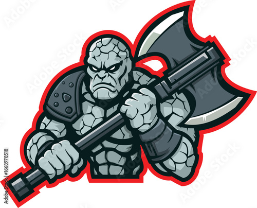 Fearsome stone warrior brandishing battle axe, ready for war, perfect for gaming or fantasy concepts