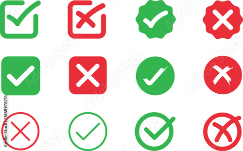 Checkmark and cross icon set, tick and cancel vector symbols, approval and rejection illustration, correct and wrong sign, simple outline design for web and app interface