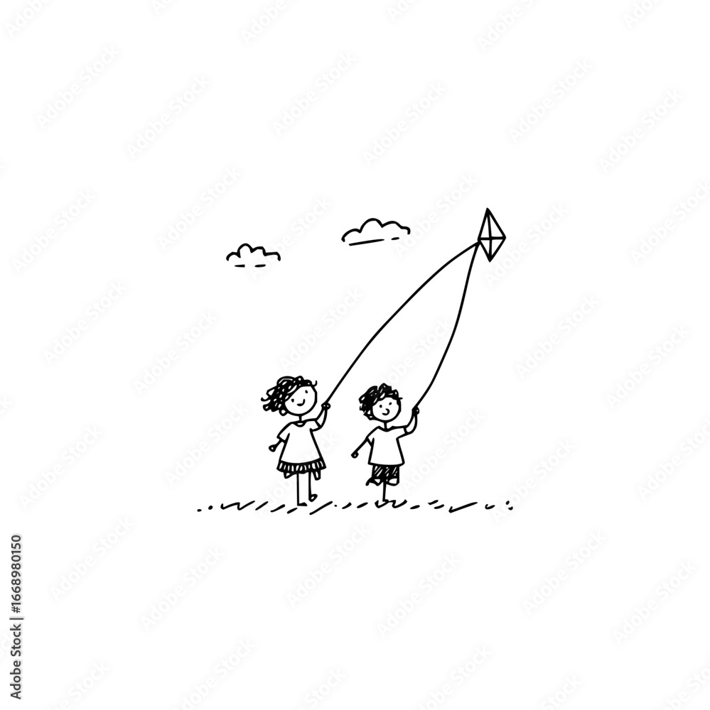 Fototapeta premium Two children flying a kite on a sunny day with a few clouds in the sky in a simple line drawing style