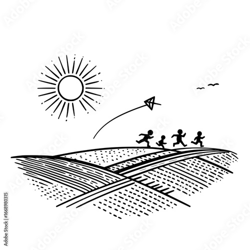 Children running with kite under bright sun on a field in black and white line drawing style illustration