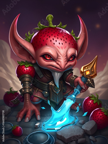 Fantasy RPG strawberry goblin illustration, created with