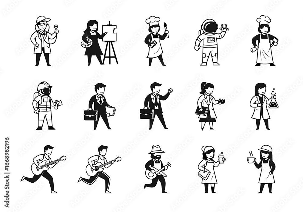 Naklejka premium Various professions represented as line drawings including astronaut and doctor figures