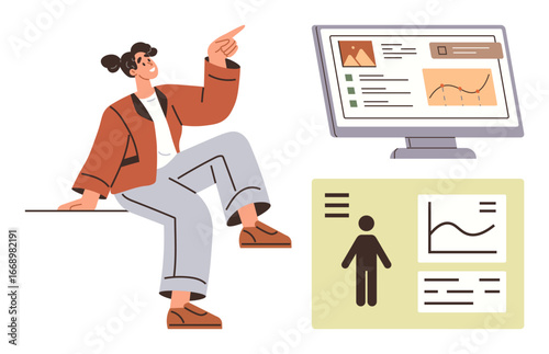 Woman gesturing while viewing analytics on computer with data charts, icons, and profiles. Ideal for business, teamwork, data analysis, presentations, statistics education digital communication. A