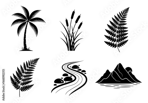 Illustrations of nature elements including palm tree reeds ferns river and mountains isolated
