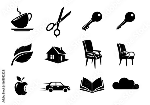 Collection of various graphic icons including a cup, scissors, keys, and a house displayed nicely