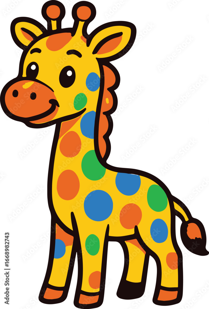 Naklejka premium Cute cartoon yellow giraffe with colorful polka dots animal