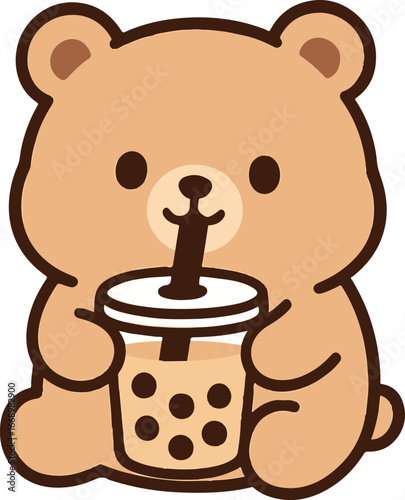 Cute cartoon brown bear holding and drinking a bubble tea kawaii