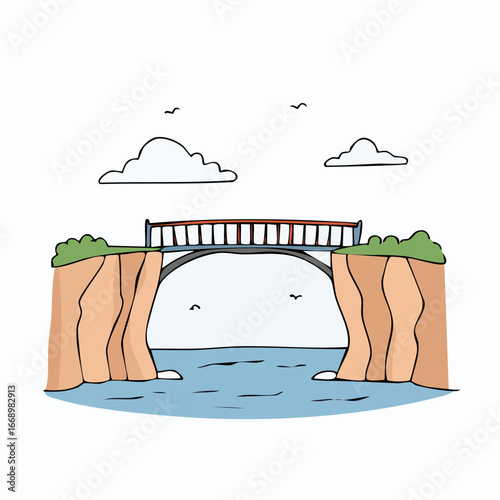 Bridge over waterway connects two tall cliffs under cloudy sky