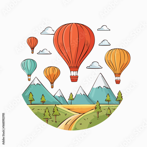 Colorful hot air balloons float over mountainous region
