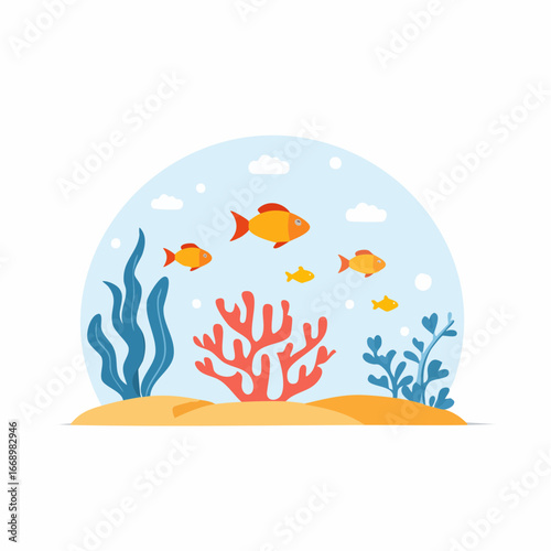 Underwater world with coral reefs and fishes, simple marine ecosystem