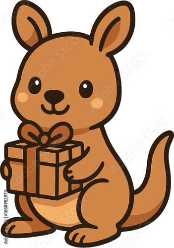 Cute cartoon kangaroo holding a gift box with a bow animal