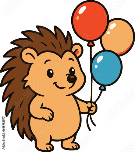 Cute cartoon hedgehog holding red orange and blue balloons animal illustration
