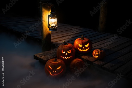 Eerie Halloween Lanterns: A chilling Halloween scene unfolds with carved pumpkins illuminated by eerie lights, casting dramatic shadows, set against a foggy atmosphere.