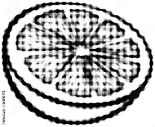 Halftone black and white illustration of a grapefruit slice, pop art style. Vector illustration