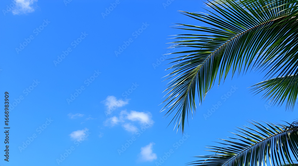 Naklejka premium Blue sky with a few harmless clouds and palm fronds on the edge
