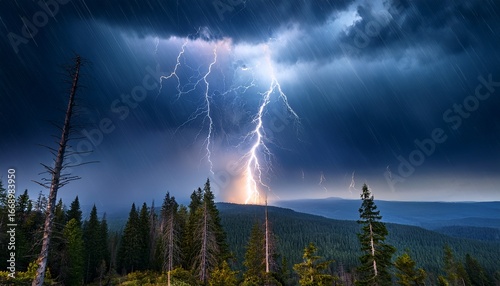 beautiful lightning during a thunderstorm at night in a forest that caused a fire against a dark sky with rain