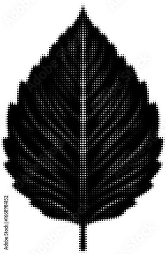 Black and white halftone poplar leaf silhouette with artistic dot pattern. Vector illustration
