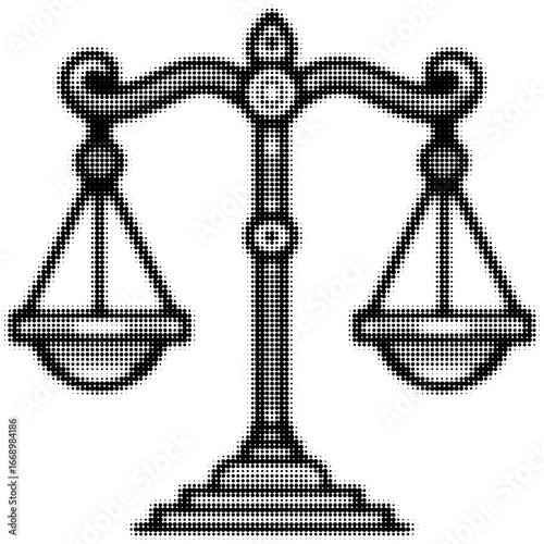 Scales of justice in black and white dot pattern, legal balance concept. Vector illustration