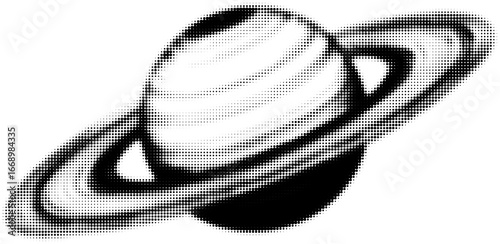 Halftone illustration of saturn with rings in black and white design style. Vector illustration