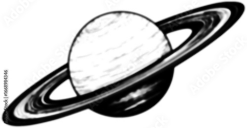 Monochrome illustration of Saturn with detailed rings, vintage dot style art. Vector illustration