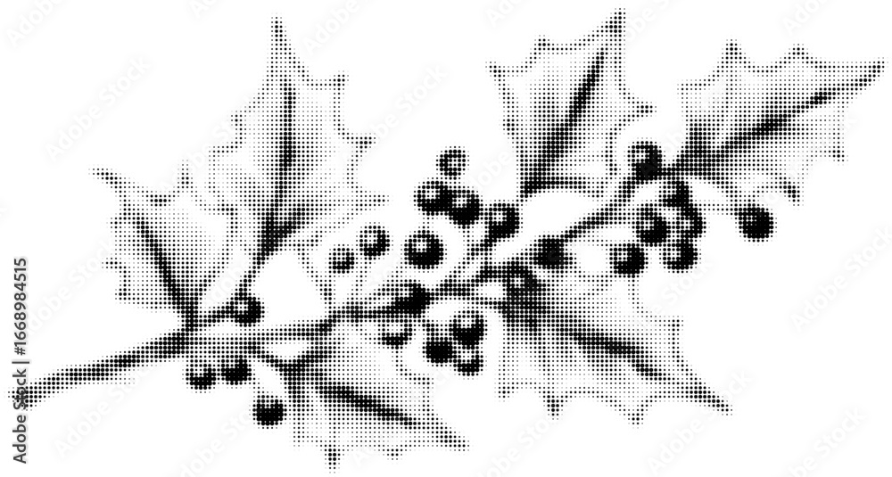 Obraz premium Black and white halftone of holly leaves and berries, vintage style. Vector illustration