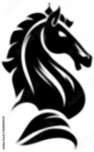 Pixelated black knight chess piece in dotted design. Vector illustration