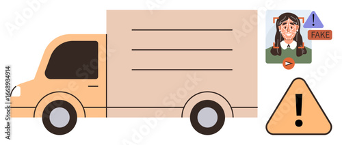 Delivery truck represents movement or logistics alongside warning signs of fake identity, misinformation prevention. Ideal for digital security, transportation safety, fraud awareness, online ethics