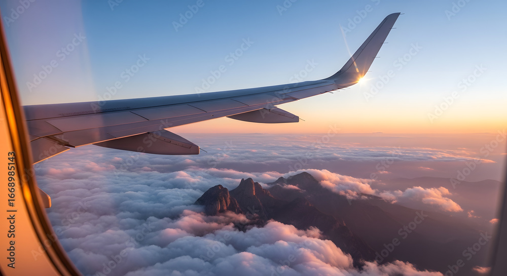 Obraz premium Aircraft View Mountains Emerge Amidst Cloudscape during Sunset Flight journey