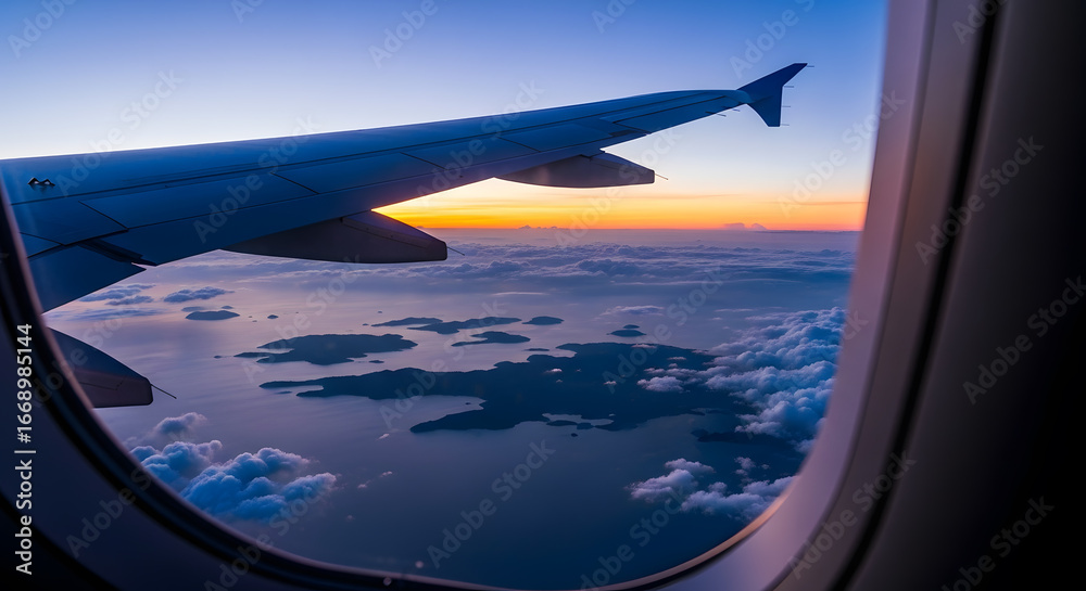 Fototapeta premium Aerial View of Clouds and Islands at Dusk from Airplane Window Seat in Flight