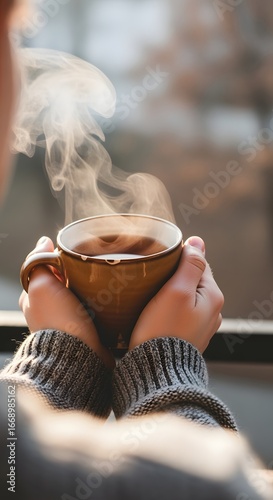 Woman holding a cup of hot coffee or tea with steam in winter season