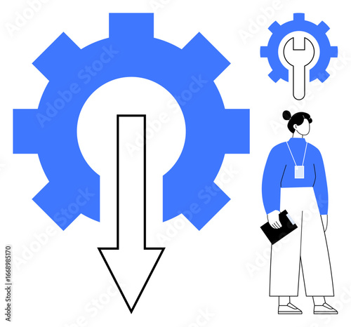 Gear with downward arrow symbolizing workflow or optimization, professional figure holding clipboard. Ideal for process management, productivity, automation, system upgrade, teamwork, strategy
