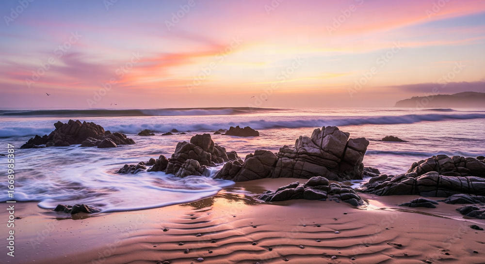 Obraz premium Peaceful sunset over a rocky beach with crashing waves and a vibrant sky, creating a serene coastal landscape