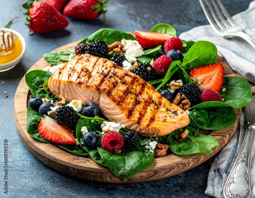Fresh spinach and berry salad with grilled salmon, strawberries, blueberries, raspberries, nuts, feta, and honey-balsamic dressing, healthy gourmet protein meal.
