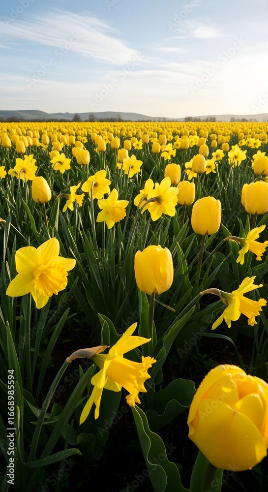 Obraz premium Field of yellow daffodils and tulips blooming in the spring sunshine day