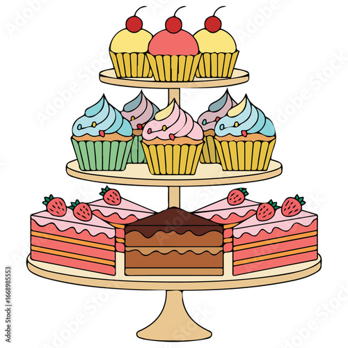 Confectionery delicacies cupcakes cakes souffle isolated vector illustration on white background