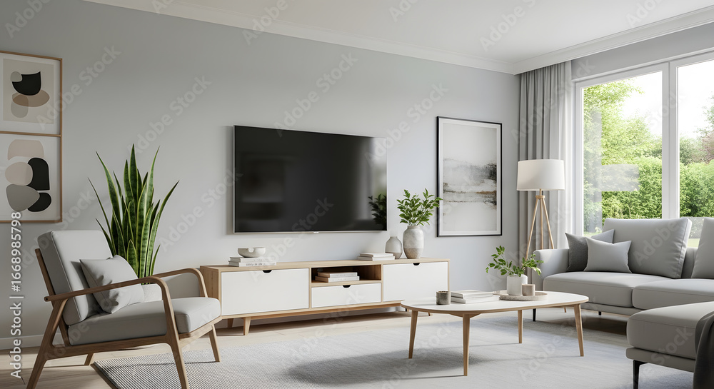 Fototapeta premium Serene Living Room Interior Modern Design with Natural Light and Minimalist Decor