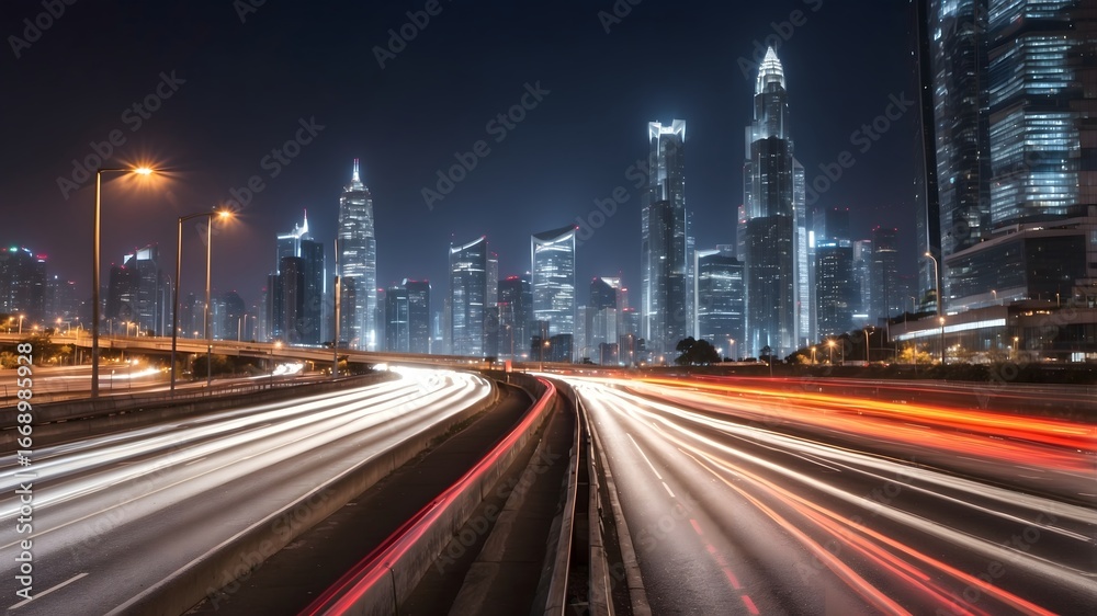 Fototapeta premium Modern city skyline with traffic light trails at night long exposure