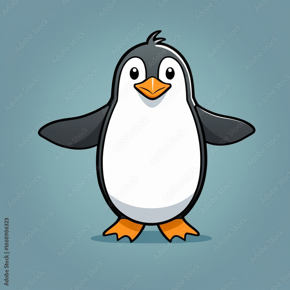 Obraz premium Cheerful penguin with outstretched wings on a soft blue background