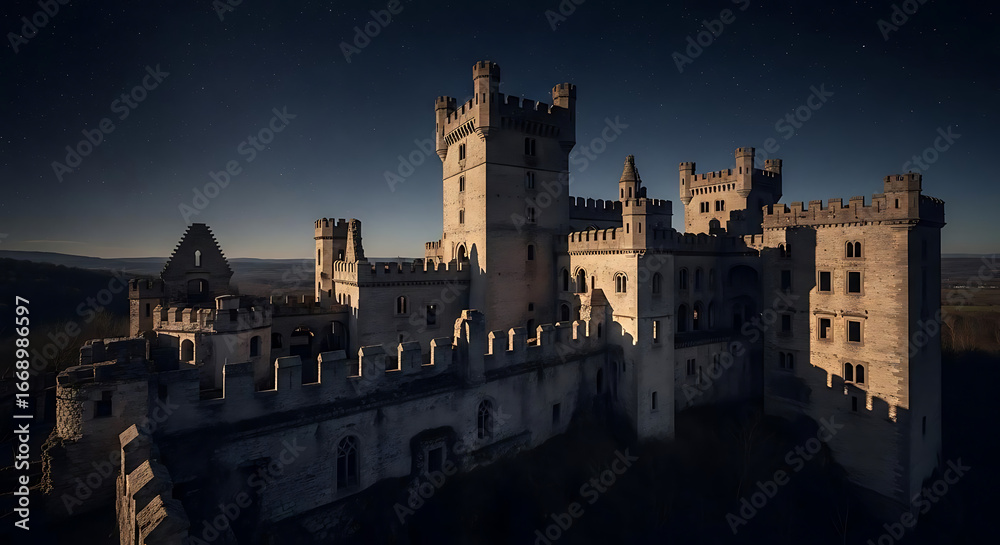 Obraz premium Aerial view of a large stone castle with multiple towers under a dark blue night sky landscape scene ai generated