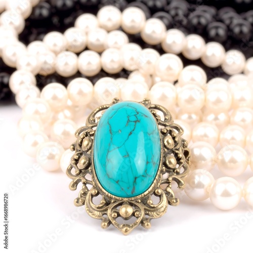 Turquoise gem brooch on pearl necklaces