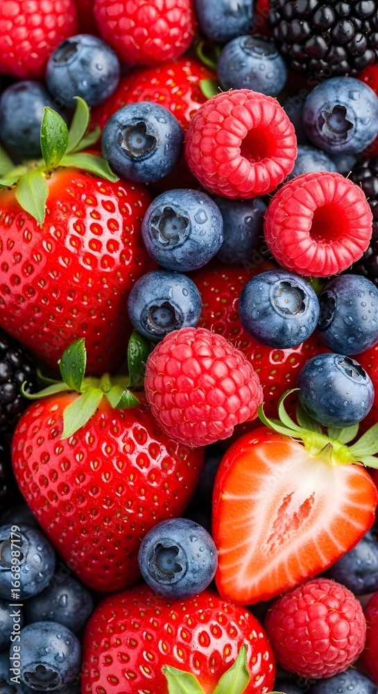 Obraz premium Fresh strawberries, blueberries, raspberries and blackberries create a pattern