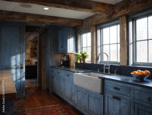 A rustic, sun-drenched kitc...