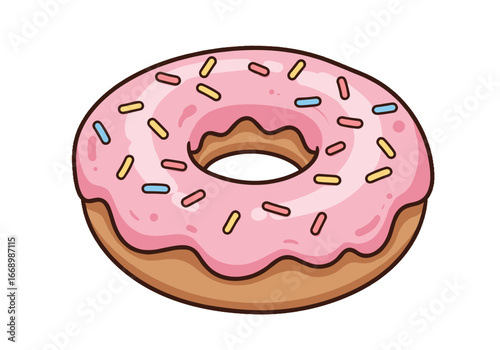 Pink frosted donut with sprinkles on a cartoonish style background  