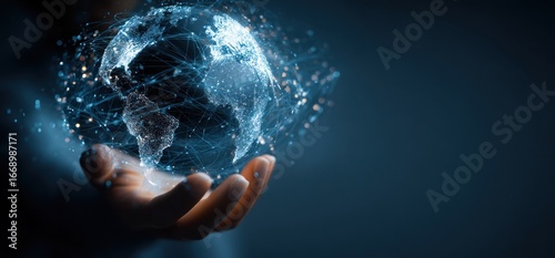 A hand holds a glowing world globe made of networked connections on dark background