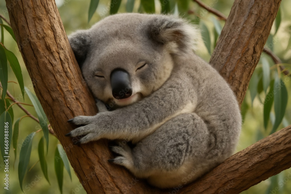 Fototapeta premium Adorable koala resting peacefully on a tree branch, enjoying a serene slumber surrounded by lush eucalyptus leaves in its natural habitat