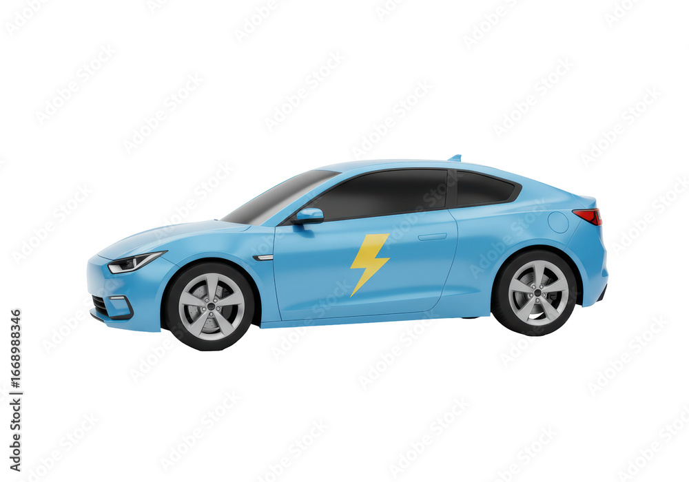 Fototapeta premium Isolated Sleek Blue Electric Car with Lightning Bolt Design, Environmentally Conscious Transportation, Innovative Technology and Sustainable Automotive