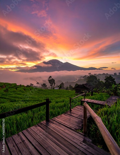Sunrise over misty rice terraces