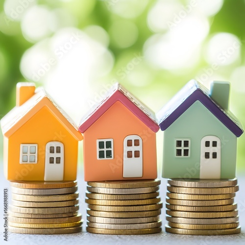 Colorful Miniature Houses on Stacks of Coins, Real Estate Investment Concept